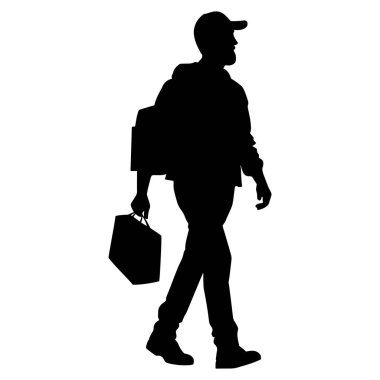 Teslimatçı çocuk silueti bir kese kağıdı ve sırt çantası taşıyor. Üniformalı ve şapkalı bir adam. Erkek teslimat servisi çalışanı. Vektör illüstrasyonu beyazda izole edildi