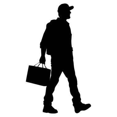 Teslimatçı çocuk silueti bir kese kağıdı ve sırt çantası taşıyor. Üniformalı ve şapkalı bir adam. Erkek teslimat servisi çalışanı. Vektör illüstrasyonu beyazda izole edildi