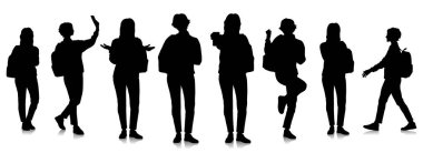 Akıllı telefon kullanan, bol kazak ve kot giyen bir grup genç kız öğrenci. Kitapları ve telefonu olan bir kadın. Sırt çantalı, sıradan giyinmiş gülümseyen kız. Vektör illüstrasyonu beyazda izole edildi