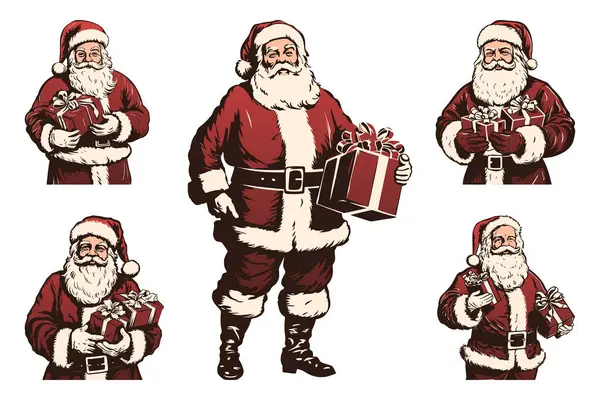 Noel Baba 'nın hediyesi. Hediye kutusuyla mutlu Noel Baba. Noel Baba 'dan Noel hediyesi. Retro Vintage Noel Baba klibi. Şeffaf PNG. Vektör illüstrasyonu beyazda izole edildi