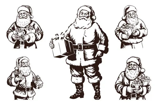 Noel Baba 'nın hediyesi. Hediye kutusuyla mutlu Noel Baba. Noel Baba 'dan Noel hediyesi. Retro Vintage Noel Baba klibi. Şeffaf PNG. Vektör illüstrasyonu beyazda izole edildi