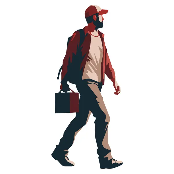 stock vector Delivery guy carries a paper bag and a backpack. A man in a uniform and cap with a package. Male delivery service employee. Vector illustration isolated on white. PNG