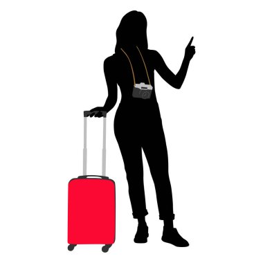 Kameralı ve akıllı telefonlu genç kadın turist silueti. Bavulu ve biletleri olan sıradan giysili bir kız. Dişi gezgin bir yolculuğa çıkıyor. Vektör illüstrasyonu beyazda izole edildi