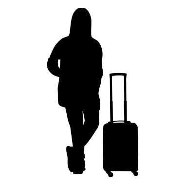 Kameralı ve akıllı telefonlu genç kadın turist silueti. Bavulu ve biletleri olan sıradan giysili bir kız. Dişi gezgin bir yolculuğa çıkıyor. Vektör illüstrasyonu beyazda izole edildi