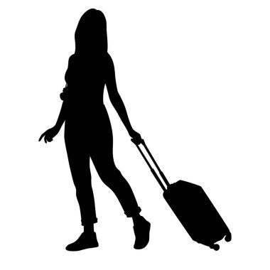 Kameralı ve akıllı telefonlu genç kadın turist silueti. Bavulu ve biletleri olan sıradan giysili bir kız. Dişi gezgin bir yolculuğa çıkıyor. Vektör illüstrasyonu beyazda izole edildi