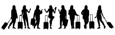 Kameralı ve akıllı telefonlu genç kadın turist silueti. Bavulu ve biletleri olan sıradan giysili bir kız. Dişi gezgin bir yolculuğa çıkıyor. Vektör illüstrasyon seti beyaz üzerine izole edildi