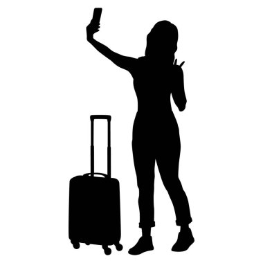 Kameralı ve akıllı telefonlu genç kadın turist silueti. Bavulu ve biletleri olan sıradan giysili bir kız. Dişi gezgin bir yolculuğa çıkıyor. Vektör illüstrasyonu beyazda izole edildi