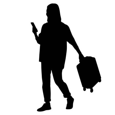 Kameralı ve akıllı telefonlu genç kadın turist silueti. Bavulu ve biletleri olan sıradan giysili bir kız. Dişi gezgin bir yolculuğa çıkıyor. Vektör illüstrasyonu beyazda izole edildi