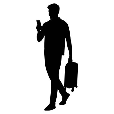 Kameralı ve akıllı telefonlu genç turist silueti. Sıradan giyinmiş, bavullu ve biletli bir erkek. Genç erkek gezgin bir yolculuğa çıkıyor. Vektör illüstrasyonu beyazda izole edildi