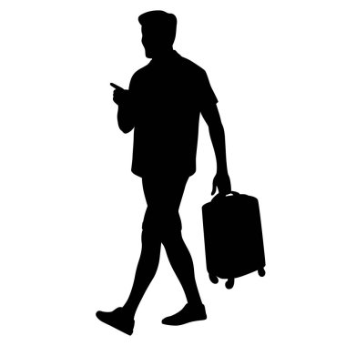 Kameralı ve akıllı telefonlu genç turist silueti. Sıradan giyinmiş, bavullu ve biletli bir erkek. Genç erkek gezgin bir yolculuğa çıkıyor. Vektör illüstrasyonu beyazda izole edildi