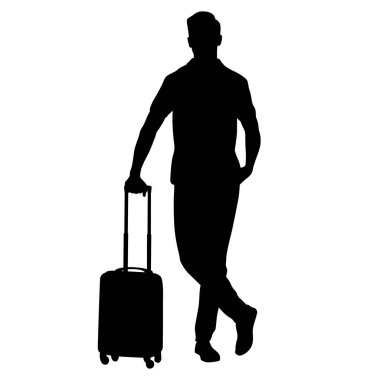 Kameralı ve akıllı telefonlu genç turist silueti. Sıradan giyinmiş, bavullu ve biletli bir erkek. Genç erkek gezgin bir yolculuğa çıkıyor. Vektör illüstrasyonu beyazda izole edildi