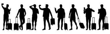 Akıllı telefonlu genç turist silueti. Sıradan giyinmiş, bavullu ve biletli bir erkek. Genç erkek gezgin bir yolculuğa çıkıyor. Vektör illüstrasyon seti beyaz üzerine izole edildi