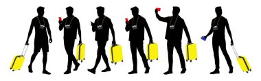 Akıllı telefonu ve pasaportu olan genç bir turistin silueti. Sıradan giyinmiş, bavullu ve biletli bir erkek. Genç erkek gezgin bir yolculuğa çıkıyor. Vektör illüstrasyon seti beyaz üzerine izole edildi