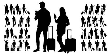 Akıllı telefonları ve pasaportları olan genç erkek ve kadın turistlerin silueti. Gezginler bir bavul ve biletlerle günlük kıyafetlerle geziye çıkıyorlar. Vektör illüstrasyon seti beyaz üzerine izole edildi