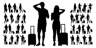 Akıllı telefonları ve pasaportları olan genç erkek ve kadın turistlerin silueti. Gezginler bir bavul ve biletlerle günlük kıyafetlerle geziye çıkıyorlar. Vektör illüstrasyon seti beyaz üzerine izole edildi