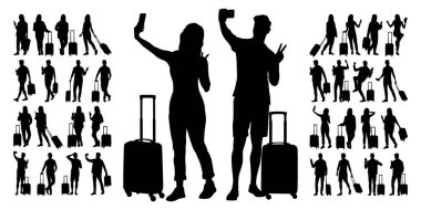 Akıllı telefonları ve pasaportları olan genç erkek ve kadın turistlerin silueti. Gezginler bir bavul ve biletlerle günlük kıyafetlerle geziye çıkıyorlar. Vektör illüstrasyon seti beyaz üzerine izole edildi
