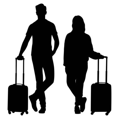 Akıllı telefonları ve pasaportları olan genç erkek ve kadın turistlerin silueti. Gezginler bir bavul ve biletlerle günlük kıyafetlerle geziye çıkıyorlar. Vektör illüstrasyon seti beyaz üzerine izole edildi