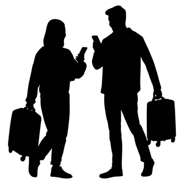 Akıllı telefonları ve pasaportları olan genç erkek ve kadın turistlerin silueti. Gezginler bir bavul ve biletlerle günlük kıyafetlerle geziye çıkıyorlar. Vektör illüstrasyon seti beyaz üzerine izole edildi