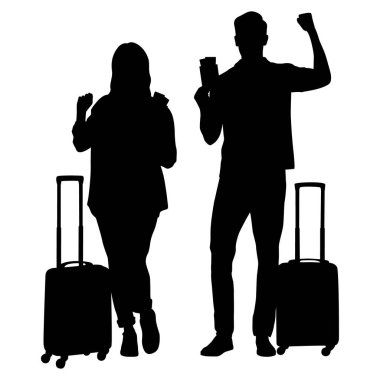 Akıllı telefonları ve pasaportları olan genç erkek ve kadın turistlerin silueti. Gezginler bir bavul ve biletlerle günlük kıyafetlerle geziye çıkıyorlar. Vektör illüstrasyon seti beyaz üzerine izole edildi