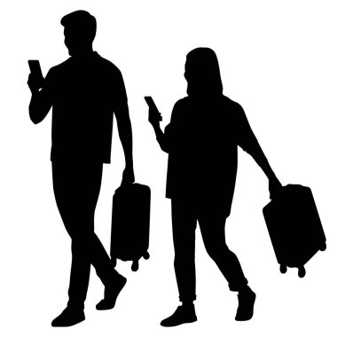 Akıllı telefonları ve pasaportları olan genç erkek ve kadın turistlerin silueti. Gezginler bir bavul ve biletlerle günlük kıyafetlerle geziye çıkıyorlar. Vektör illüstrasyon seti beyaz üzerine izole edildi