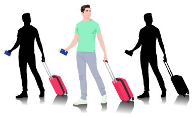 Kameralı ve akıllı telefonlu genç bir turist. Sıradan giysili, bavullu bir erkek. Genç erkek gezgin bir yolculuğa çıkıyor. Vektör illüstrasyonu beyazda izole edildi