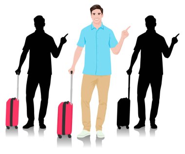 Genç turist parmağını yana doğru gösteriyor. Sıradan giysili, bavullu bir erkek. Genç erkek gezgin bir yolculuğa çıkıyor. Vektör illüstrasyonu beyazda izole edildi