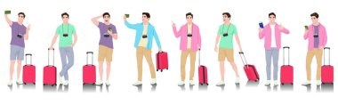 Kameralı ve akıllı telefonlu genç bir turist. Günlük kıyafetleri, bavulu, pasaportu ve biletleri olan bir erkek. Genç erkek gezgin bir yolculuğa çıkıyor. Vektör illüstrasyon seti beyaz üzerine izole edildi