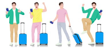 Kameralı ve akıllı telefonlu genç bir turist. Günlük kıyafetleri, bavulu, pasaportu ve biletleri olan bir erkek. Genç erkek gezgin bir yolculuğa çıkıyor. Vektör illüstrasyon seti beyaz üzerine izole edildi