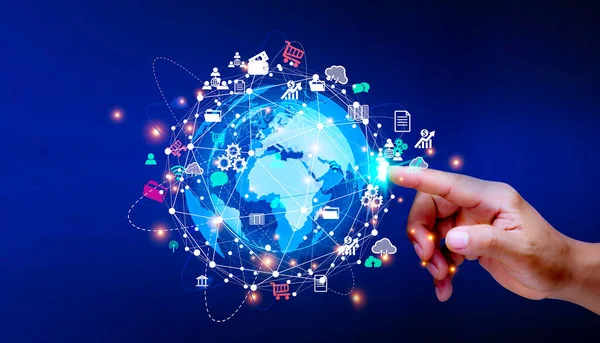 5G Technology networks Internet connecting wireless devices around the world. 5G technology is essential to businesses in the digital world with smartphones in hand and icons connected to each othe