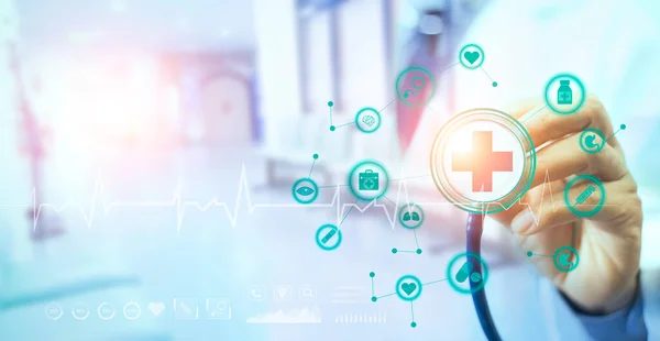 Medical Technology diagnosis of cardiac concepts. Doctor and stethoscope of heart touch icon.  Medical Technology analysis the Network connection virtual screen interface. Hospital blur Background