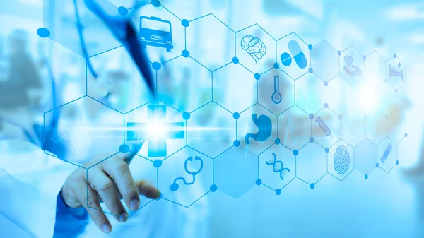 Medical Technology diagnosis of medical treatment concepts. Doctor and stethoscope of touch icon. Medical Technology analysis the Network connection virtual screen interface. Hospital blur Background