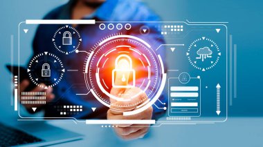 Siber güvenlik kavramı internet ağındaki bilgileri koruyor. İş tarama tuşları, sanal ekran arayüzü ile ekranın kilidini açar. Ağ, gelecekteki sanal ekran arayüz teknolojisi