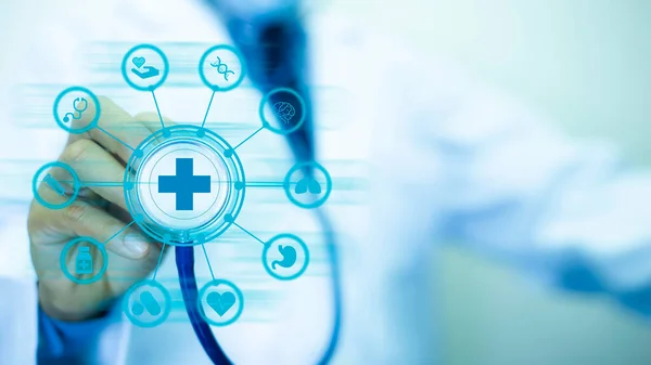Medical Technology diagnosis of medical treatment concepts. Doctor and stethoscope of touch icon. Medical Technology analysis the Network connection virtual screen interface. Hospital blur Background