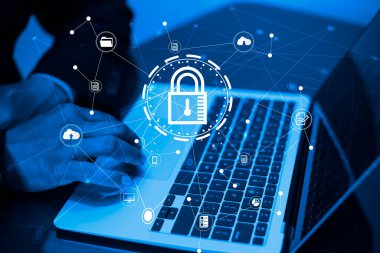 Siber güvenlik kavramı internet ağındaki bilgileri koruyor. İş tarama tuşları, sanal ekran arayüzü ile ekranın kilidini açar. Ağ, gelecekteki sanal ekran arayüz teknolojisi