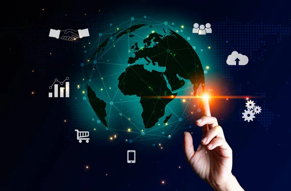 Information Technology Networks Internet Connecting Wireless Devices around the world. Information Technology is Essential to Businesses in the Digital world with  and Icons Connected to each other