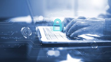 Siber güvenlik kavramı internet ağındaki bilgileri koruyor. İş tarama tuşları, sanal ekran arayüzü ile ekranın kilidini açar. Ağ, gelecekteki sanal ekran arayüz teknolojisi