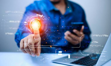 Biyometrik tanımlama parmak izi tarayıcısının gelecekteki dijital işlemleri. Yeni nesil teknoloji için kavramsal dijital dönüşüm. Dijital fütürist izleme ve güvenlik taraması