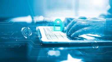 Siber güvenlik kavramı internet ağındaki bilgileri koruyor. İş tarama tuşları, sanal ekran arayüzü ile ekranın kilidini açar. Ağ, gelecekteki sanal ekran arayüz teknolojisi