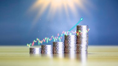 Para, gelir fonunun başarısını gösteren bir grafik olarak yerleştirilir. İş başarısı konsepti, zenginlik, yatırım, dijital çağda hisse senedi. Yeni nesil teknoloji için dijital dönüşüm.