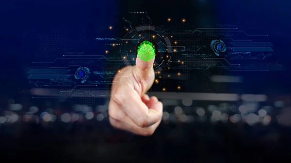 futuristic digital processing of biometric identification fingerprint scanner. Concept  Digital transformation for next generation technology.surveillance and security scanning of digital futuristic