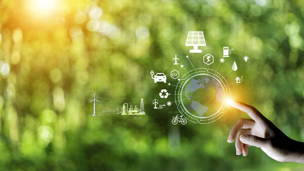 eco friendly energy. Innovation technology eco green concept. Icon bulb energy sources for renewable on green blur background.Concept with innovation inspiration. Idea innovative from the big data