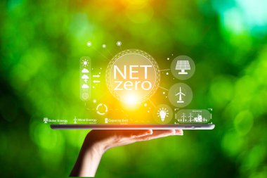 net sıfır konsepti. Sıfır ikonlu el ele tutuşan şehir. Karbon nötr konsept. Tozlu şehir çevresi başbakanı 2.5. İklim-nötr uzun vadeli strateji. Karbon gazı küresel ısınmayı etkiliyor.