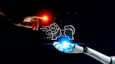 Yapay zeka, makine öğrenimi, robot el ve insan eli küresel sanal ikon, yapay zekanın insanlarla değişimini temsil ediyor. İnsan düşünceleri alışverişi Ağ teknolojisi bağlanıyor.