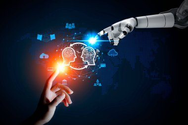 Yapay zeka, makine öğrenimi, robot el ve insan eli küresel sanal ikon, yapay zekanın insanlarla değişimini temsil ediyor. İnsan düşünceleri alışverişi Ağ teknolojisi bağlanıyor.