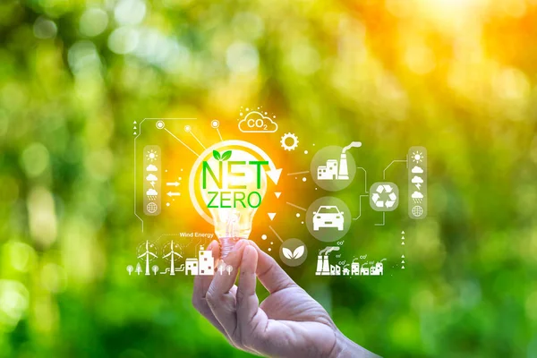 net zero concept. Hand holding with net zero icon on blur green leaf. carbon neutral and green natural background  on with clean energy icon around it. Carbon gas affects global warming.