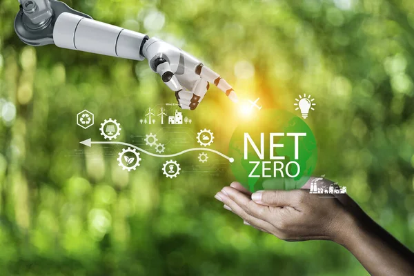 Net zero concept. AI,Machine learning, Robotic hand and human touch Net zero icon represents the exchange of artificial intelligence brains with humans. Carbon gas affects global warming.