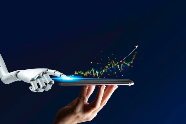 Conceito Negociação Robôs Mão Robô Representa Uso Inteligência Artificial Ações — Fotografia de Stock