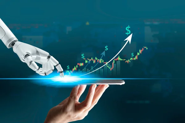 Robot ticareti konsepti. Robot el, hisse senetlerinde yapay zekanın kullanımını temsil ediyor. Servet hisseleri yatırımı. Dijital dönüşüm teknolojisi. Ai (yapay zeka) kararlar verir.