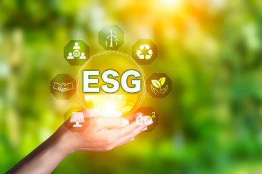 Yeşil çimen arka planında ESG ikonu. Yeşil enerji, ekolojik dünya günü konsepti. Sabah altın ışık. Çevresindeki ikon enerjisi ve çevresel koruma. yenilenebilir enerji kaynakları