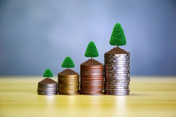 Coin money showing growth chart success concept. Green tree growing on coins. Prosperous stock investment. Savings. Financial graph showing inflation. stock market chart growth investment success.